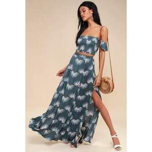 Lulus Trancoso Dusty Blue Floral Print Two-piece Maxi Dress - Size XS